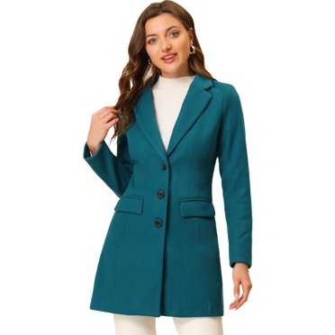 INSPIRE CHIC Manteau pour Femme Couleur Unie Revers Cranté Simple Boutonnage Caban d'Hiver Bleu Lac m