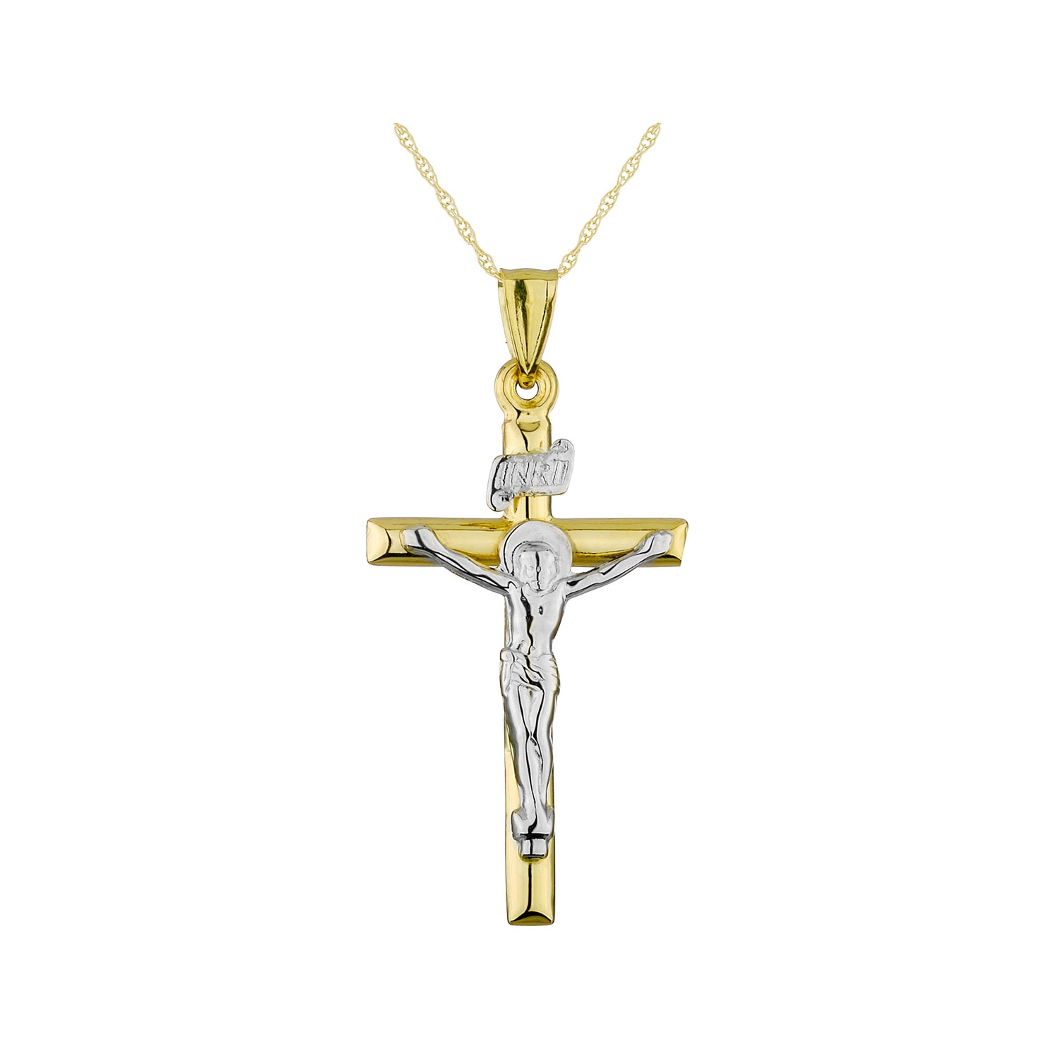 Collier Pendentif Croix Crucifix en Or Jaune et Blanc 14K avec Chaîne