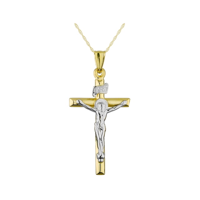 Collier Pendentif Croix Crucifix en Or Jaune et Blanc 14K avec Chaîne