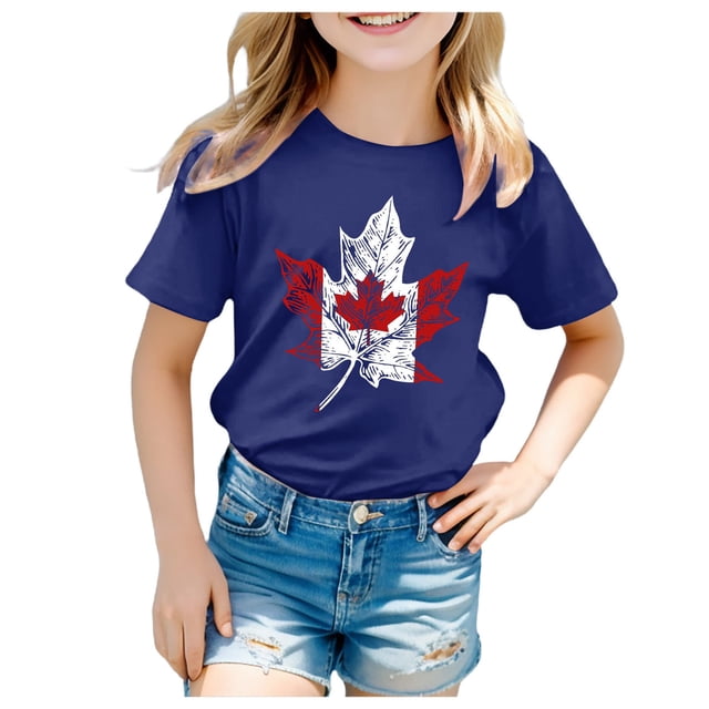 PMVFHDE Canada Day T-Shirt à Motif Imprimé de Feuille d'Érable Haut Musical Filles T-Shirt à Manches Courtes T-Shirt d'Été à Col Rond Coupe Décontractée Chandails de Base