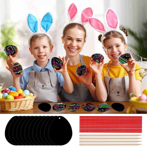 Tdxkok Easter Eggs Scratch Paper Art Set 12 Pcs Mini Notes with Colorful Ribbon and Wooden Stick Crafts for Kids Party Easter Decor Tree Decor Easter Ornaments