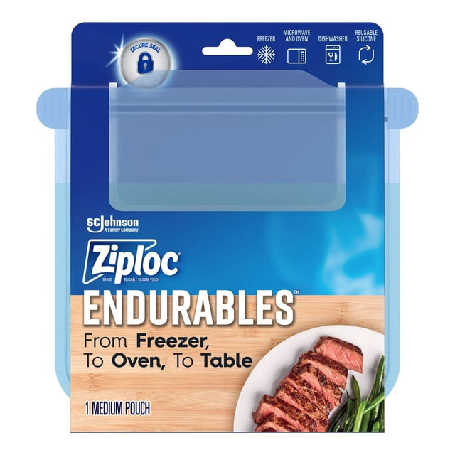 Ziploc® Endurables Pochette Moyenne Réutilisable en silicone pour le Rangement des Aliments, Emballage Bleu avec accent grain de Bois, avec Scellage Sécurisé et Icônes pour Congélateur, Micro-Ondes, Four et Va au Lave-Vaisselle. Conçue pour une Utilisation du Congélateur au Four à la table, Convient à un Rangement des Aliments Polyvalent et Réutilisable.