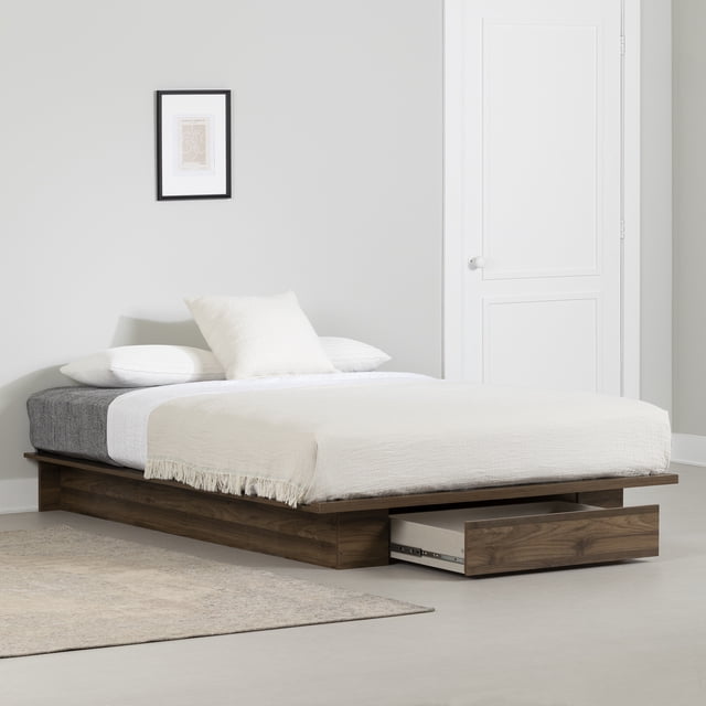 South Shore Musano Full/Queen Platform Bed with Drawer, in Natural Walnut