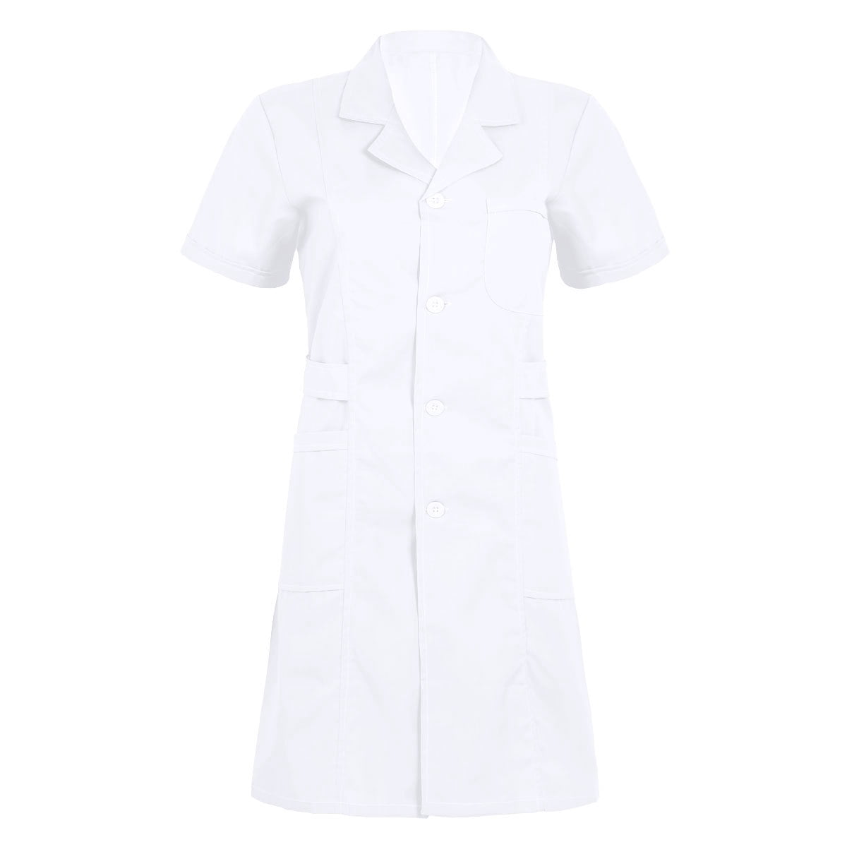 iefiel Woman Lapel Collar Button Front Scrub Dress Nurse Medical Doctor Uniform Lab Coat Workwear White Small