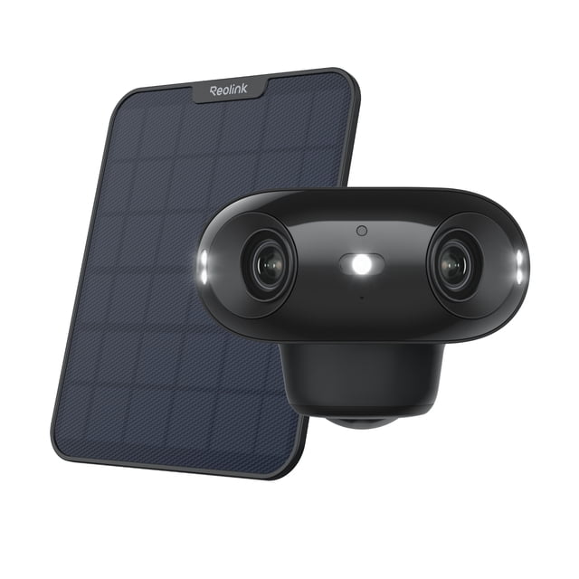 Reolink Argus Series B740X avec Panneau Solaire 2 Montrant une Caméra de Sécurité Sans Fil 4K à Double Objectif Noire avec Lumières DEL aux Côté d'Un Panneau Solaire Texturé Bleu Foncé de Marque Reolink, Offrant une Vue Panoramique Ultra-Grand à 180°, une Vision ColorX Vision Nocturne Pleine Couleur, une Diffusion Wi‐Fi 6 et une Autonomie Prolongée pour la Sécurité Intérieure de la Maison Intelligente.