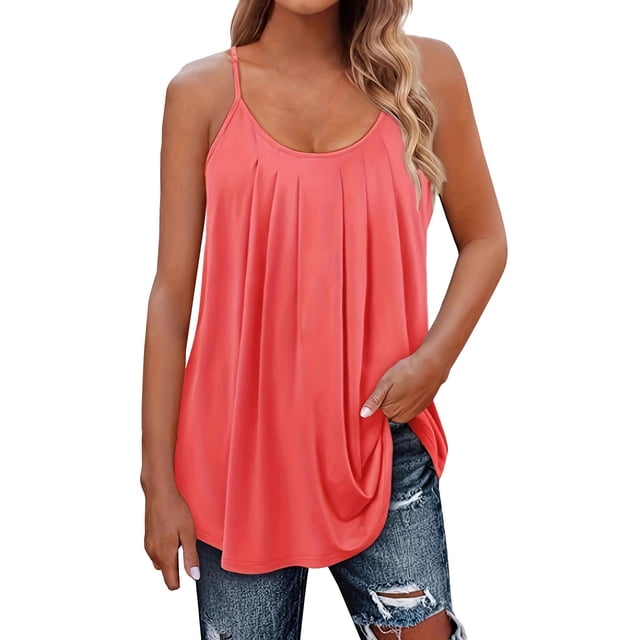 Yubnlvae Haut Plissé Rouge Melon D\'eau pour Femmes, Camisole à Bretelles Spaghetti, Sans Manches, Décontracté, Été, Mode, S