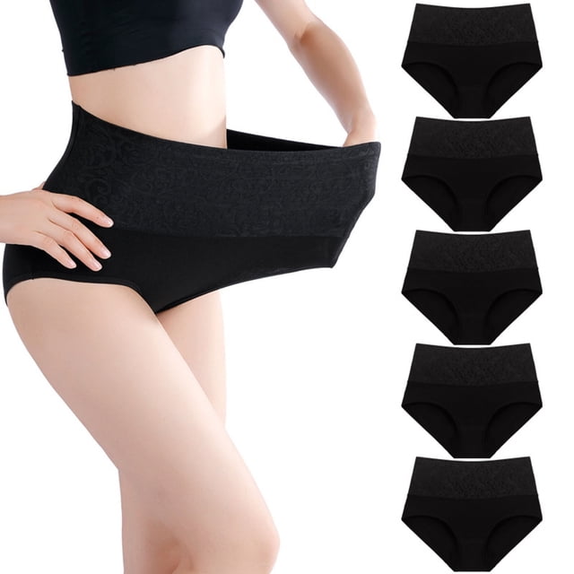 cfhntfmh 5pc Womens Cotton Underwear Stretchy High Waisted Plus Size Panties Breathable Solid Color Full Coverage Briefs