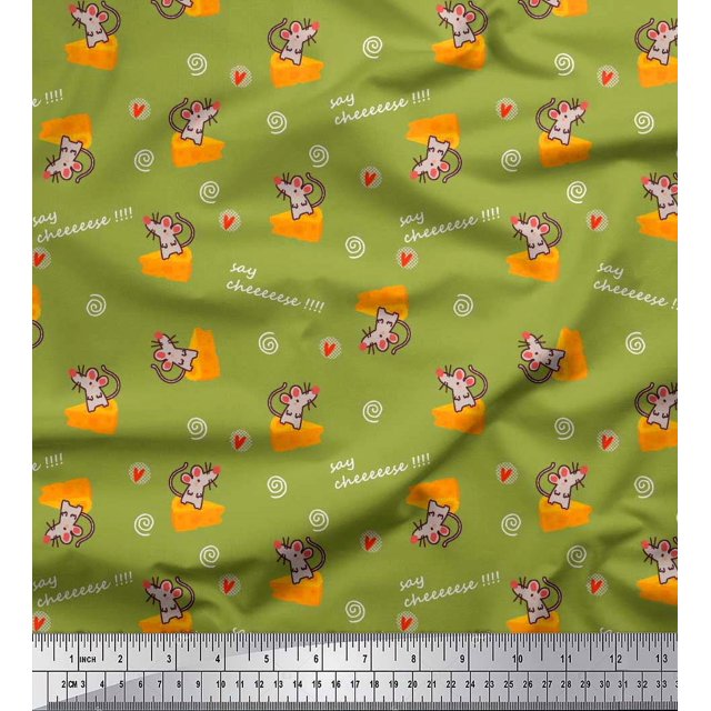 Soimoi Green Poly Georgette Fabric Cheese Slice & Rats Kids Print Fabric by the Yard 52 Inch Wide