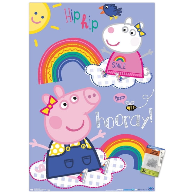 Peppa Pig - Affiche Murale Hourra, 22,375 Po x 34 Po Mettant en Vedette Peppa Pig et un Ami Blanc Assis sur des Nuages à Carreaux Blancs avec des Arcs-en-Ciel Colorés, un Soleil Souriant, un Oiseau Bleu et une Abeille Bourdonnante sur un Fond Violet Pâle, avec Texte « Hourra Hanches », Convient comme art Mural pour Chambre d'Enfants.
