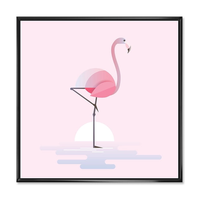 Designart Standing Pink Flamingo FLOAT FRAME WALL ART depicting a stylized pink flamingo standing on one leg in water with a white sun on a pale pink background, printed on premium cotton canvas with fade-resistant inks and gallery-wrapped in a black floating frame, ready to hang and ideal for adding a farmhouse beach style to home décor.