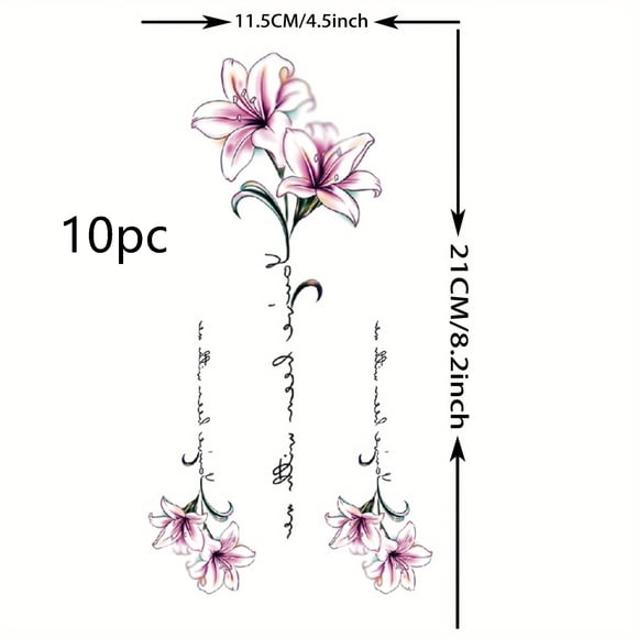 1 set of flower chain temporary tattoo stickers - watercolor lily text fake tattoo, suitable for female adult body art, perfect decoration for arms, legs and neck