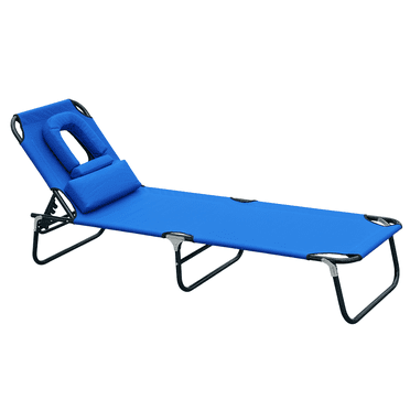 Outsunny Chaise Longue d'Extérieur Pliante, Chaise Longue de Plage Inclinable Portable avec Ouverture pour le Visage, Coussin Détachable, Dossier Réglable à 4 Positions, pour Patio, Jardin, au Bord de la Piscine, Bleu