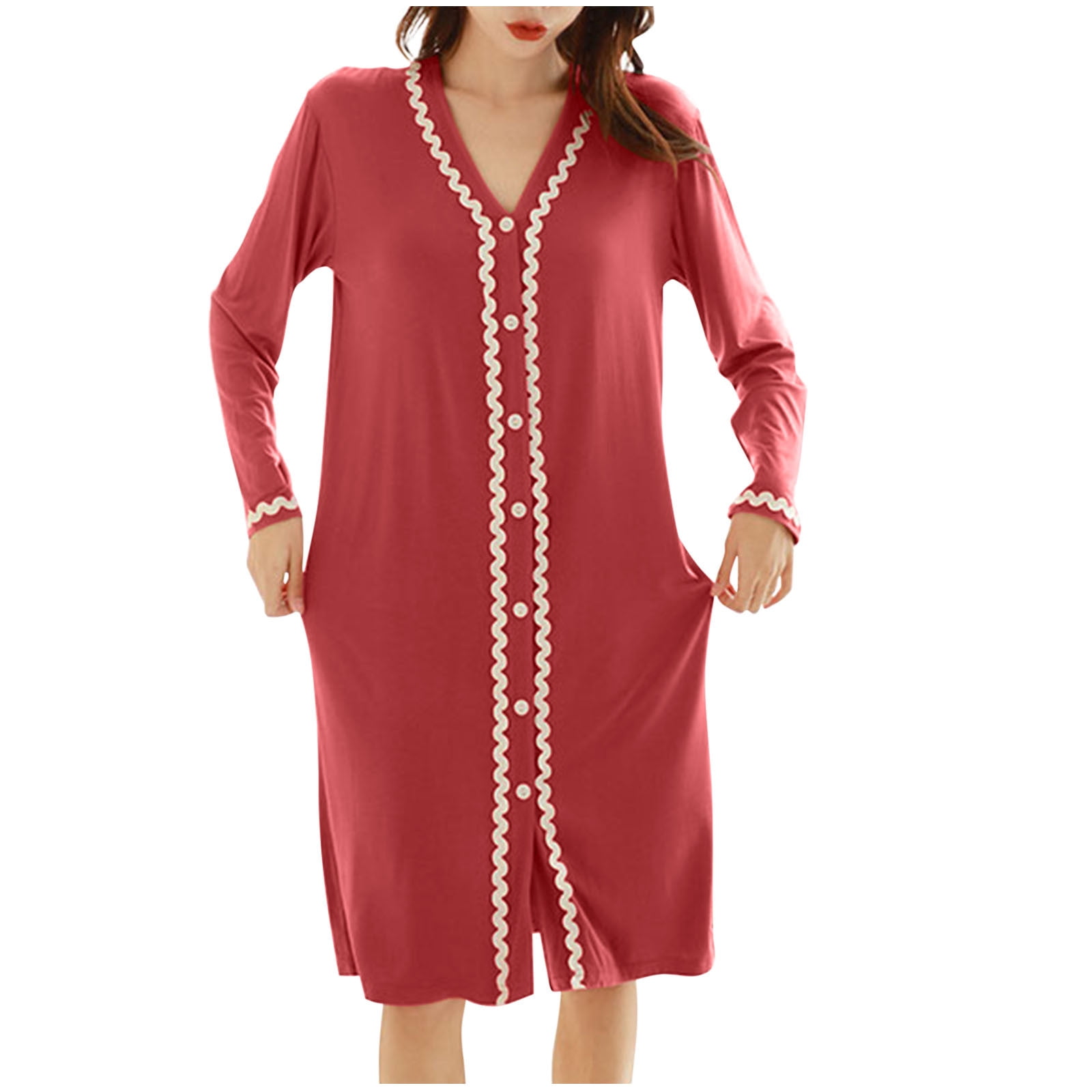 Timegard Chemise de Nuit pour Femmes à Boutons, Col en V, Manches Longues, Chemises de Sommeil, Pyjama Décontracté, Robe de Maison Confortable