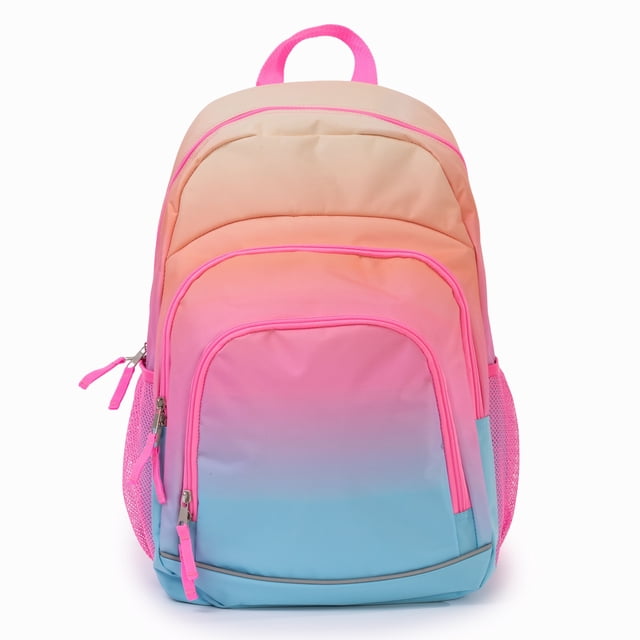 Jetstream Sac à Dos à Compartiments Multiples avec Poches avant et Côtés en Maille de Couleur Dégradé beige à Rose à Bleu, avec Deux Compartiments avant Zippés, Poches Latérales en Maille Roses, une Poignée Supérieure Rose, et des Bretelles Arrière et d'Épaule Rembourrées pour le Confort, Fabriqué en polyester durable, Idéal pour l'École des Enfants et Adapté au Transport d'Équipement de Sport.