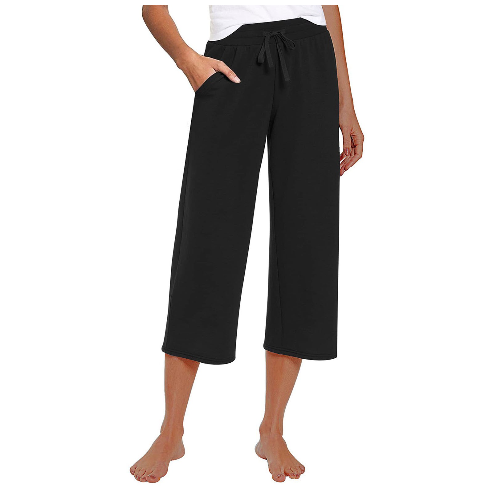 NECHOLOGY Women's Plus Size Yoga Capri Pants, Loose Soft Drawstring Workout Sweatpants with Pockets, Black, Size S
