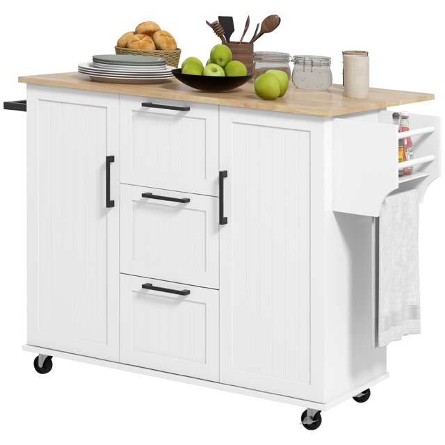 CoSoTower Rolling Kitchen Cart on Wheels with Drop Leaf, featuring a white finish and a solid rubberwood top. The cart includes three drawers, two cabinets with adjustable shelves, a spice rack, and a towel rack. It has a drop-leaf countertop for additional workspace and five rolling wheels, two with brakes, for mobility and stability. Dimensions are 52 inches wide, 17.7 inches deep, and 36 inches high when folded, and 30.1 inches deep when expanded.