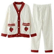 GDREDA Ladies Pyjama Set Womens Pajamas Set Cardigan Coral Pajamas Flannel Pajamas Pajama Pants Set Thickened Homewear Women Pajama Sets pyjamas Red,XL