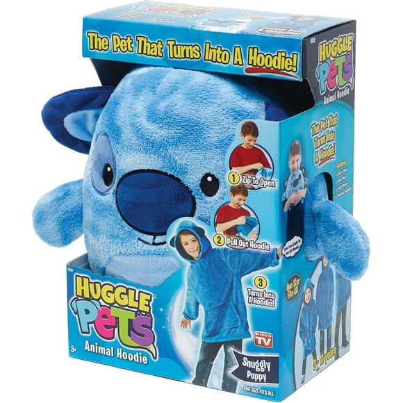 As Seen On TV Huggle Pets Chiot Douillet Bleu Peluche 2-en-1 Animal en Peluche et Chandail à Capuchon pour Enfants avec Fermeture Éclair – Taille Unique