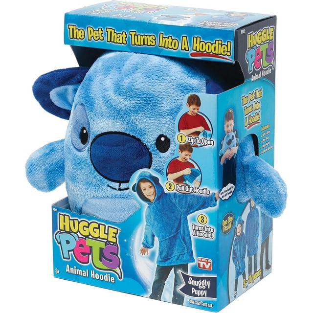 As Seen On TV Huggle Pets Chiot Câlin Bleu en Peluche 2-en-1 et Chandail à Capuchon pour Enfants avec Fermeture Éclair dans l'Emballage, Montrant un Chiot en Peluche Bleu Doux Qui Se Dézippe pour Révéler un Chandail à Capuchon en Molleton Chaud pour Enfants avec Capuche et Fermeture Éclair, Taille Unique pour Âges de 3 à 11 Ans, Conçu pour une transformation Facile et un Port Confortable.