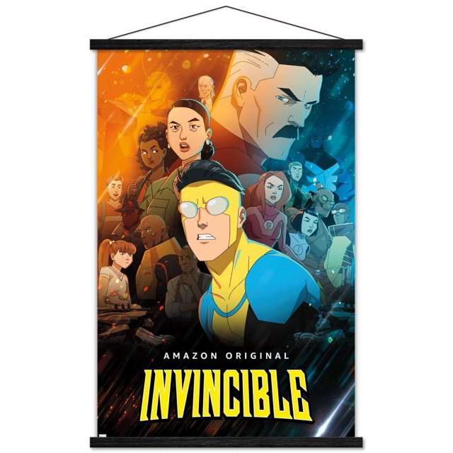 Invincible - Affiche Murale de Groupe un, 22,375 Po x 34 Po Présentant une Impression Brillante et Haute Résolution de Superhéros Animés de la Série Originale Amazon Invincible, avec une Figurine Centrale en costume Bleu et Jaune sur un Fond orange et Bleu Séparé et le logo Jaune Audacieux Invincible au Bas, Idéal pour Décorer des Chambres, des Bureaux Ou des Résidences Étudiantes.