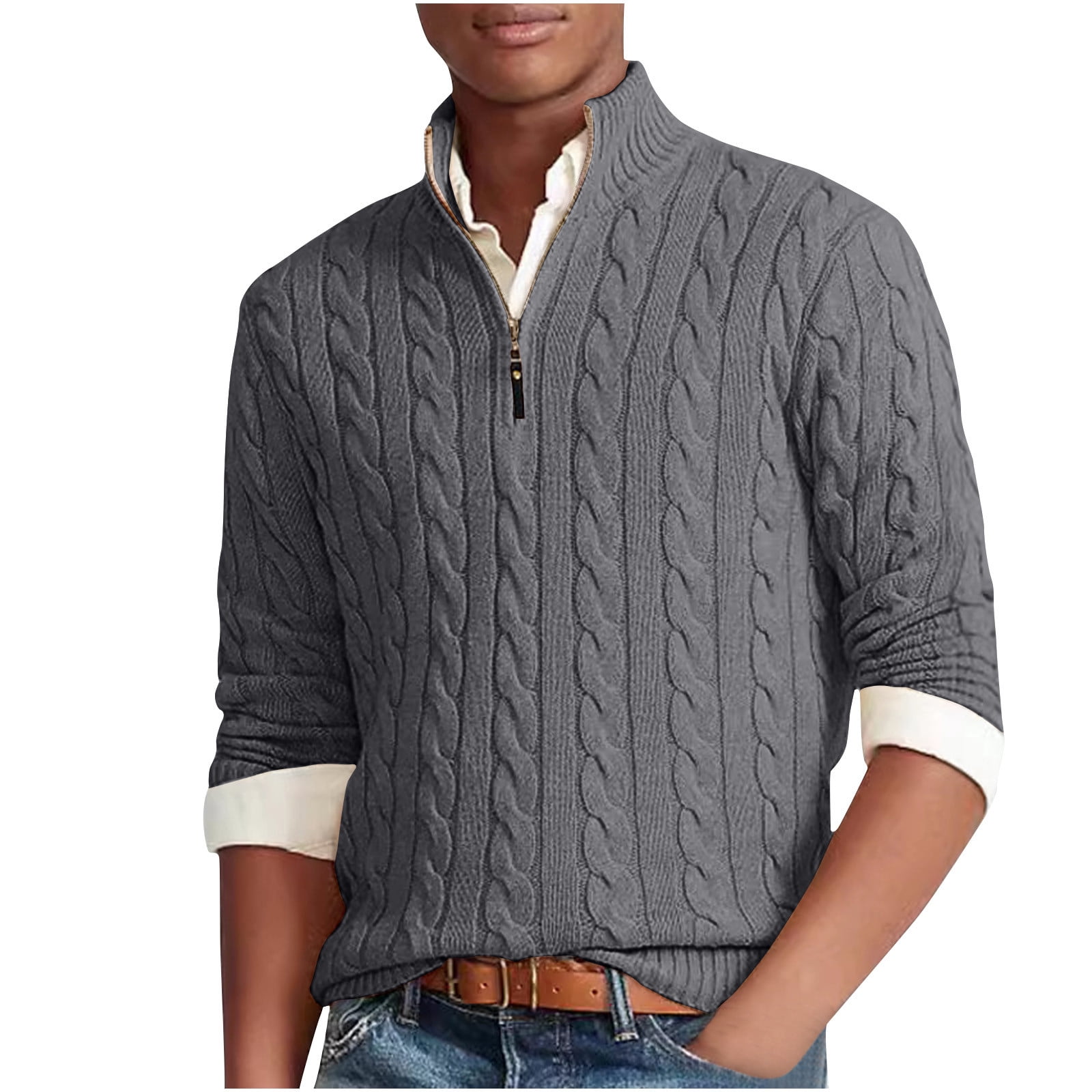 cfhntfmh Men's Quarter Zip Sweaters Slim Casual Collared Long Sleeve Textured Pullover Tops Fall Winter Cable Knitted Sweaters