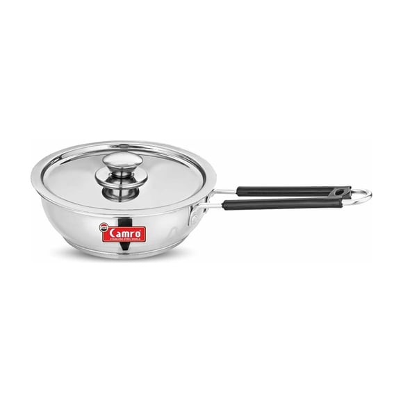 Triply Heavy Bottom Fry Pan With Lid - 1.8 Liters, Silver, 12 No. | Stainless Steel Tea Pan, Milk Pan, Sauce Pot Milk Boiler With Handle - Induction Bottom, Gas Stove Compatible