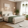 thumbnail image 4 of Queen Size (60''×80'') Linen Upholstered Platform Bed - Classic Wingback Headboard with Diamond Tufted Button Upholstery, Gold Nailhead Trim & Sturdy Wooden Legs, Mattress Not Included, Beige, 4 of 18