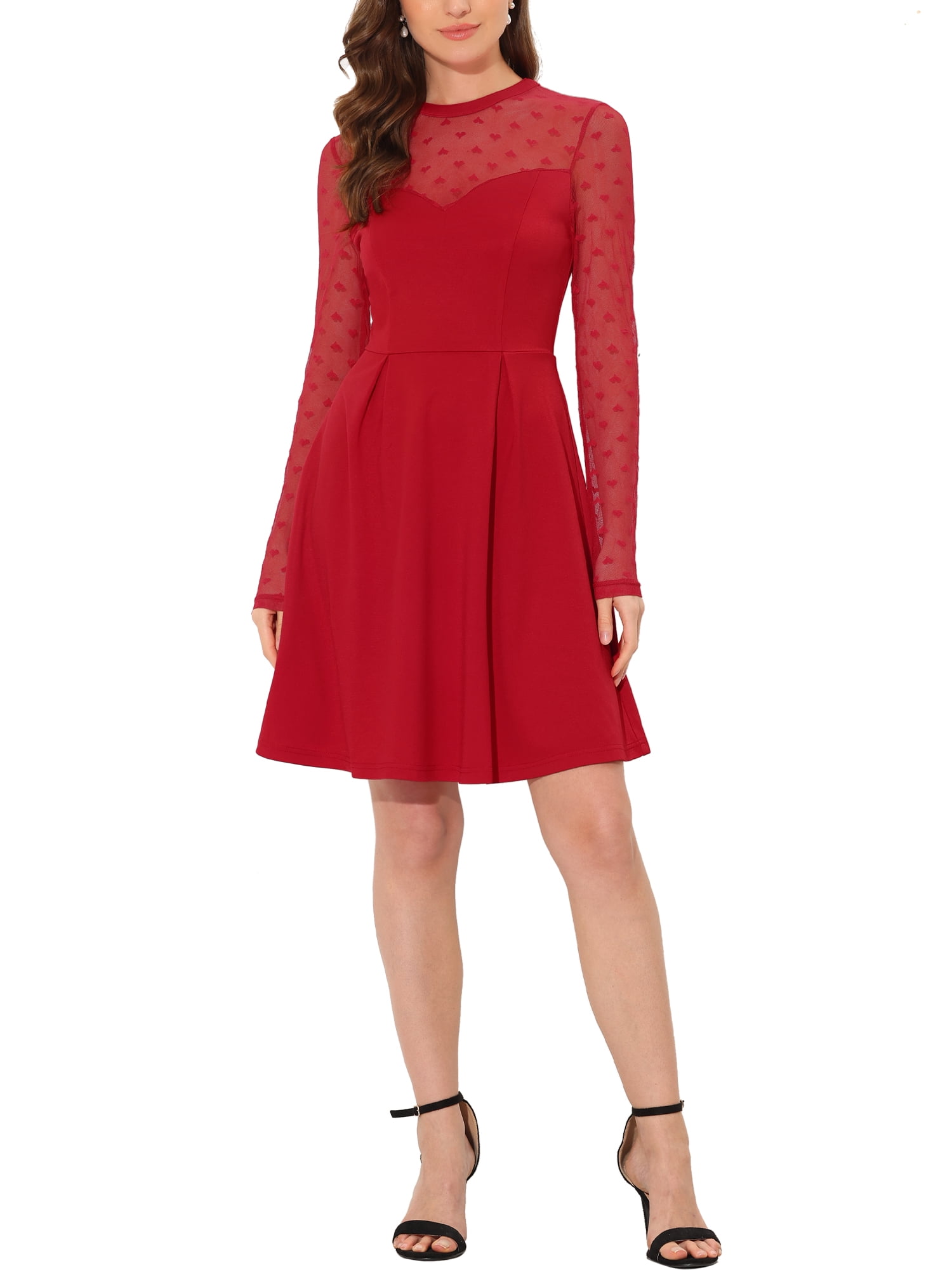 INSPIRE CHIC Robe Patineuse de Fête pour Femme en Maille Transparente à Manches Transparentes avec Cœurs TP Rouge