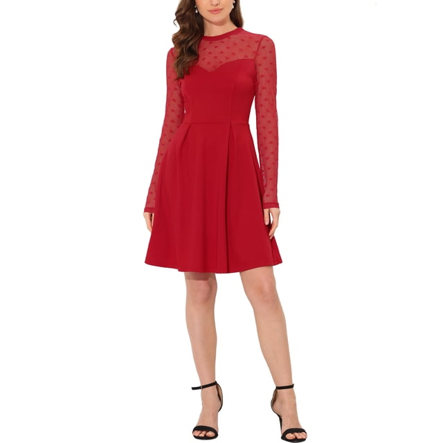 INSPIRE CHIC Robe Patineuse de Fête pour Femme en Maille Transparente à Manches Transparentes avec Cœurs TP Rouge