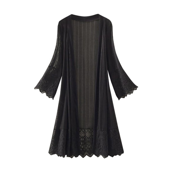Huvoen Women's Fashion Long Sleeve Lace Patchwork Cover Up Blouse, Casual Open Front Smock Kimonos Cardigan Sheer 3/4 Sleeve Swimsuit Duster Cardigans Black l
