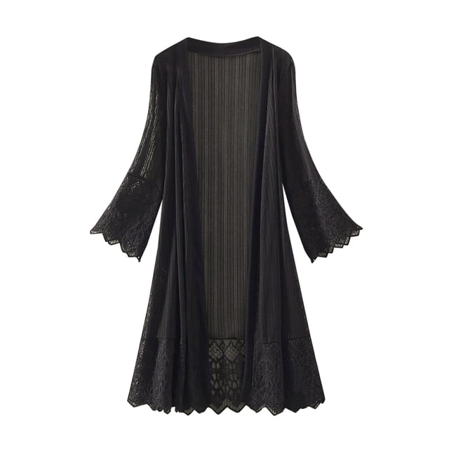 Women Solid Color Lace Cardigan Open Front Shrug Hollow Patchwork Sheer Short Sleeve Long Cover-Up Blouse Tops