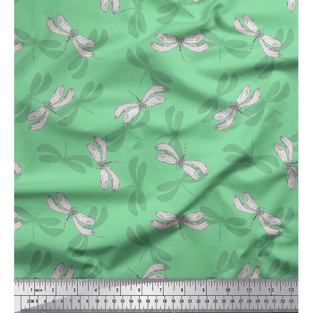 Soimoi Green Silk Fabric Shadow & Dragonfly Insect Print Fabric by Yard 42 Inch Wide