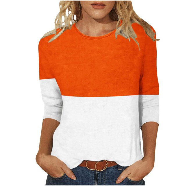 IROINID Hauts à Manches 3/4 Réduits pour Femmes T-shirt Imprimé Ample Blouse Mi-Longue Col Rond Hauts de Détente, Orange