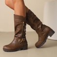 thumbnail image 2 of Platform Buckle Motorcycle Riding Boots for Women with Side Zipper Winter Fall Slouchy Leather Wide Mid Calf Tall Boots, 2 of 6
