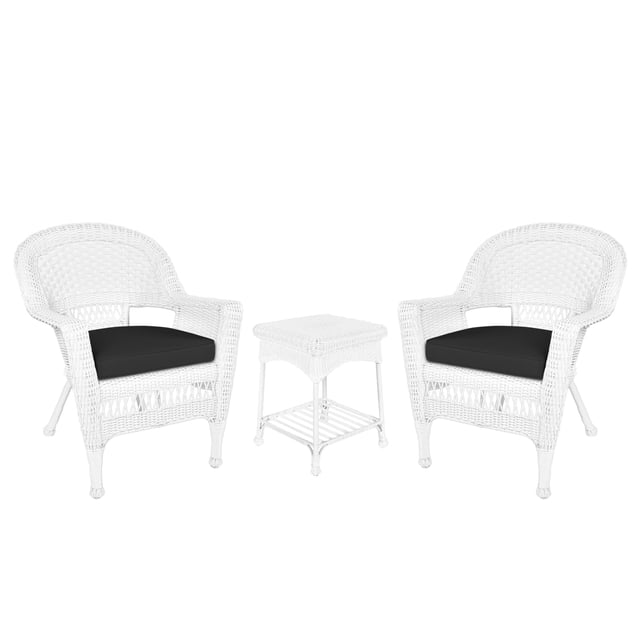 Jeco 3 Piece Wicker Conversation Set in White with Black Cushions