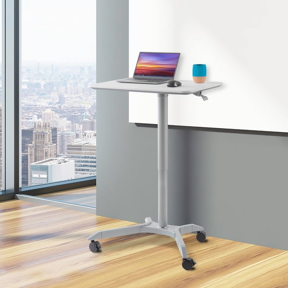 Seville Classics AIRLIFT XL 28" Pneumatic Height Adjustable Sit-Stand Mobile Laptop Computer Desk Cart (27.1" to 41.9" H), White