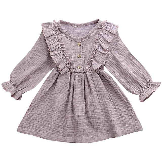 Splozh Fall Dresses for Girls Toddler Kids Baby Girl Solid Linen Button Ruffle Party Dress Clothes Purple,4-5 Years