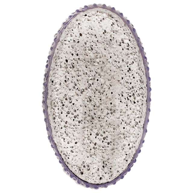 Equate Beauty Pumice Stone with an ergonomic oval shape, featuring a porous white pumice surface and a purple rubber grip edge for easy control, ideal for removing dry skin, corns, and calluses during foot care and pedicure routines.