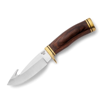 Buck Zipper™ Guthook Knife with Walnut/Brass Finish, Quality and Performance, Lifetime Warranty, Heat Treated, Leather Sheath, 0191BRG