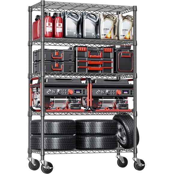 M MZG Étagère en Fil d'Acier Robuste à 5 Niveaux Réglables avec Roulettes, Organisateur de Rangement pour Garage, Cuisine, Bureau, Buanderie, sous-Sol Capacité de 1750 Lb Noir 17.7 Pouces P x 47.2 Pouces L x 76.7 Pouces H