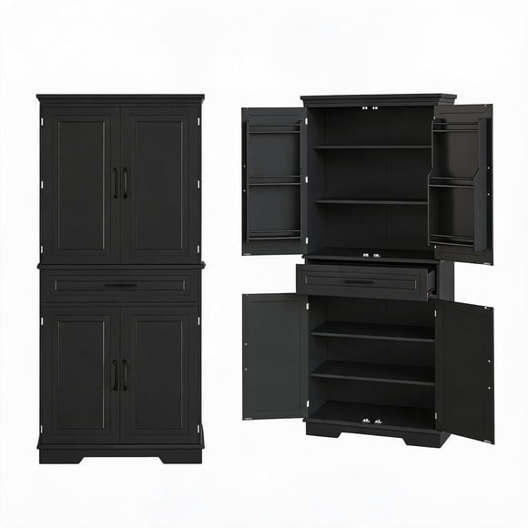 72 inch Pantry Cabinet Freestanding with Drawer and Adjustable Shelves, Tall Kitchen Storage Cupboard with 2 Cabinets 4 Door Shelves, for Dining Room Laundry Living Room, Black