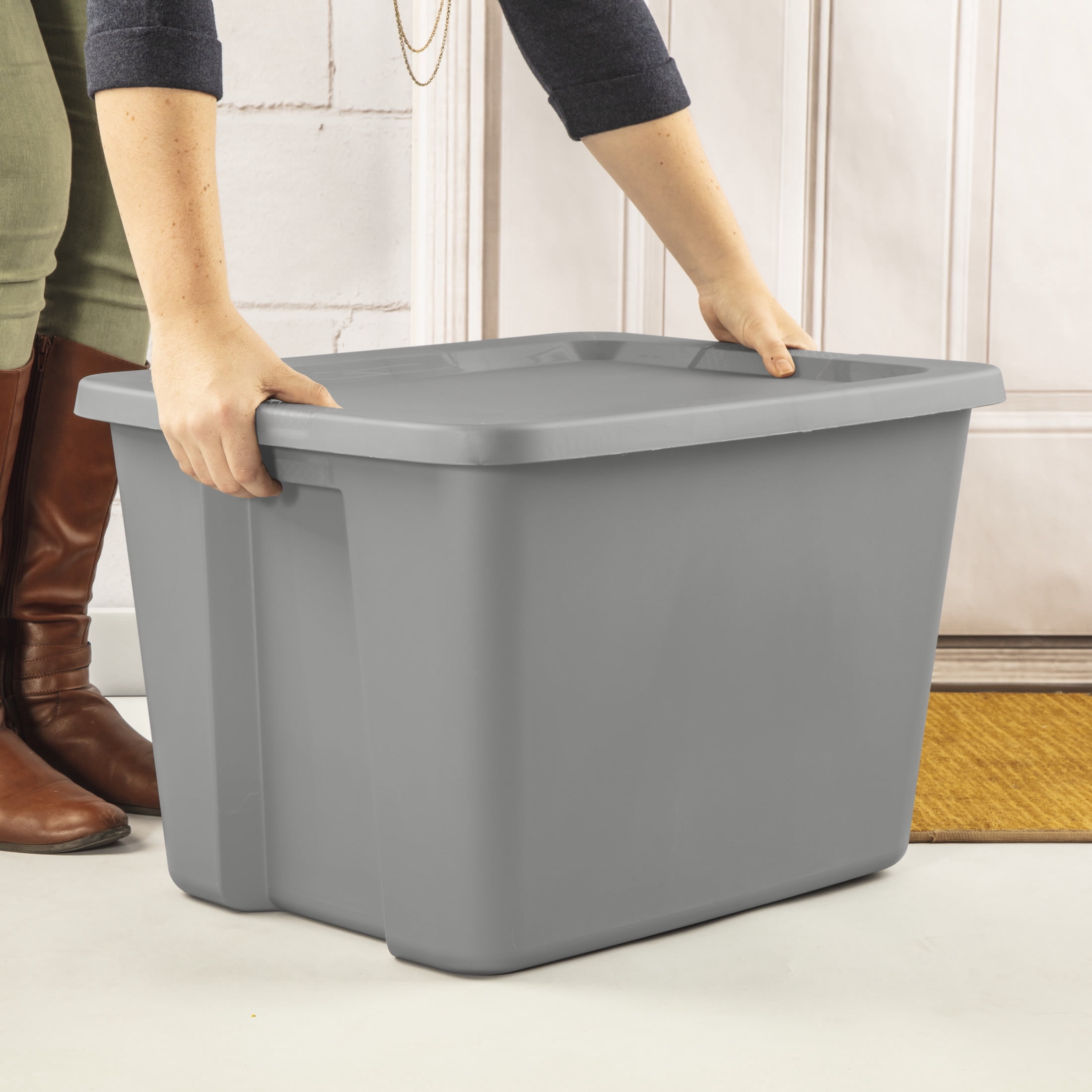 Sterilite 68 Liter, Tote  Plastic Storage Bin, Snap-on Lid with Sure-Grip Handles, Stackable, Gray - 8PK