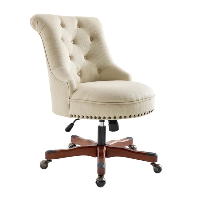 Callum Beige Office Chair with a button-tufted beige polyester back, burnished brass nailhead trim, adjustable seat height from 20 to 24 inches, and a cherry wood base on metal casters for smooth mobility, ideal for home or office use.