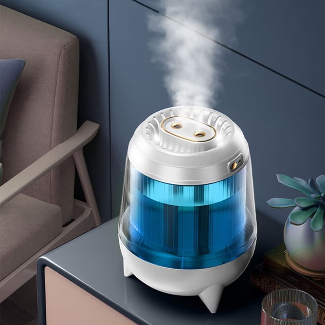 SuoKom 3.5 Liter Large Capacity Nozzle Humidifier with USB charging, featuring cool mist technology, quiet operation under 35dB, and LED colorful lights. The white humidifier with a transparent blue water tank and dual mist nozzles is ideal for desktop use in offices, bedrooms, or living rooms.