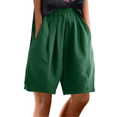 Dealovy Plus Size Cotton Linen Shorts for Women Elastic Waisted Pull on Knee Length Shorts with Pockets
