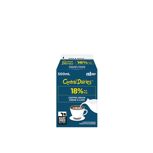 Central Dairies par Natrel Crème à Café 18 % carton de 500 ml en Bleu Foncé avec Texte Jaune et Blanc, Montrant une Teneur en Matières Grasses de Lait de 18 %, un Graphique de Crème Versée dans une Tasse de Café, et logo de Lait de Qualité Dairy Farmers of Canada, Idéal pour le Café, la Crème Légère et des Recettes Enrichissantes.