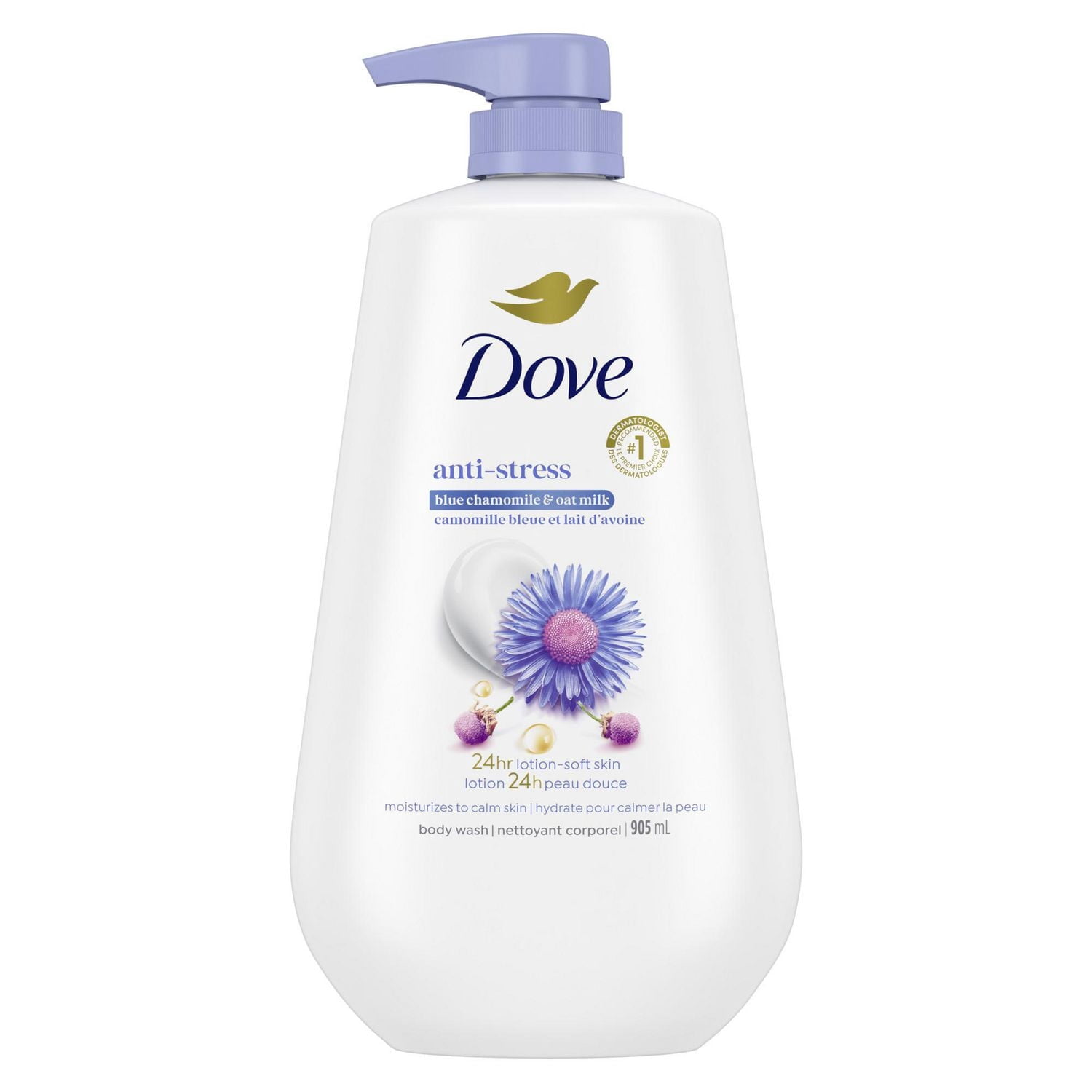 Dove Nettoyant Corporel pour 24 H de Peau Douce Camomille Bleue et Lait d'Avoine Anti-Stress, 905 ml