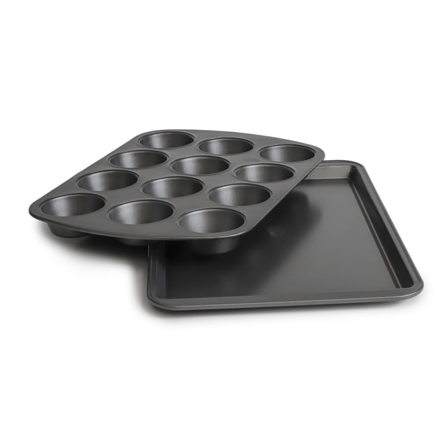 PILLSBURY Ensemble de Moules à muffins Antiadhésifs de 12 Tasses - 2 Pcs avec un Moule à muffins Antiadhésif Gris de 12 Tasses Empilé sur une Plaque à Biscuits Rectangulaire Assortie, les Deux en Acier au Carbone avec une Finition Lisse pour une Chaleur Uniforme et un Nettoyage Facile, Idéal pour Cuire des muffins et des Biscuits.