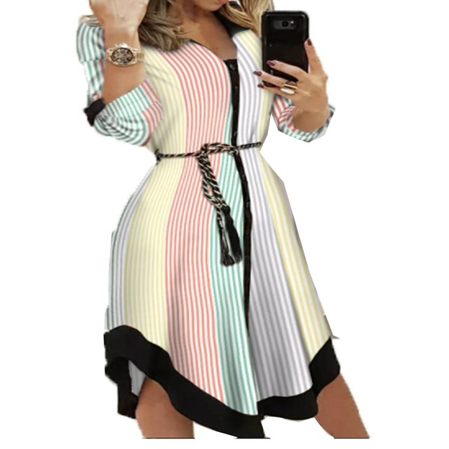Robe Pré-Automne à Manches Longues pour Femmes Imprimé Vague Bureau de Vacances Slim Fitting Midi Robe