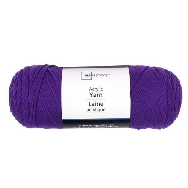 Mainstays Acrylic Yarn in vibrant purple, a medium weight 100% acrylic worsted yarn skein with a white label showing the Mainstays logo and bilingual text, ideal for hand knitting, crocheting, and various DIY crafts.